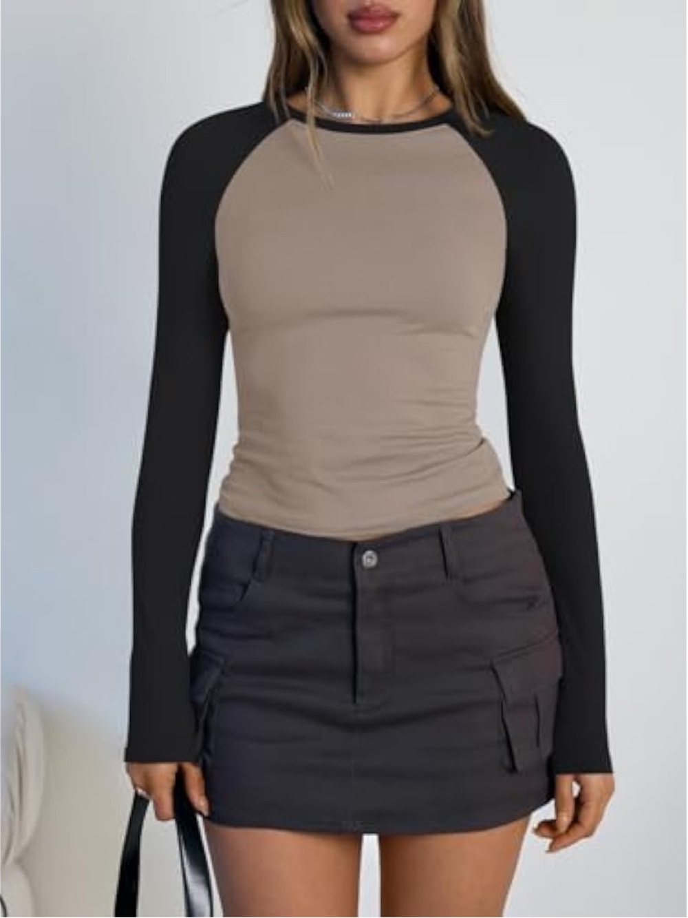 Raglan Long-Sleeve Tee in Taupe and Black